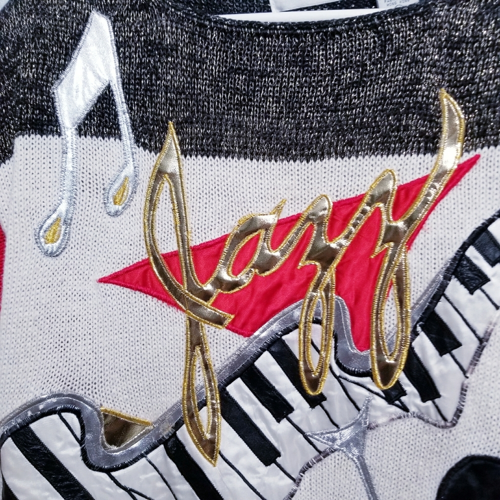 Vintage retro 80's glam JAZZ piano music party gold sweater SMALL - Picture 4 of 10